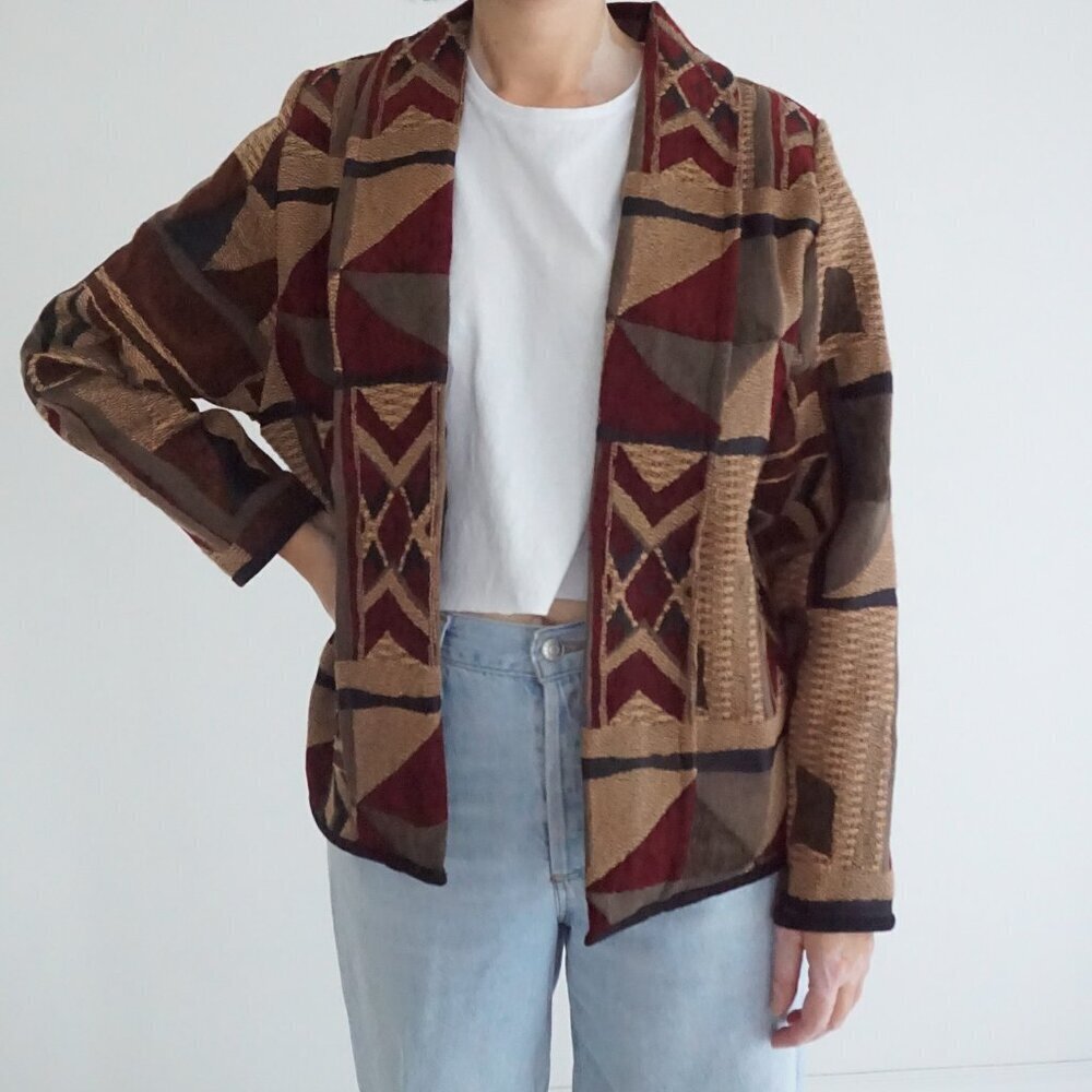 Vintage Originals By Mrs O Tan Red Geometric Tapestry Patchwork Western Jacket M